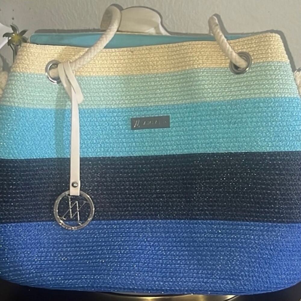 NEW Amiani Beach Tote Bag Striped Blue Gradient Jute Rope Handles Summer Purse - Picture 4 of 16